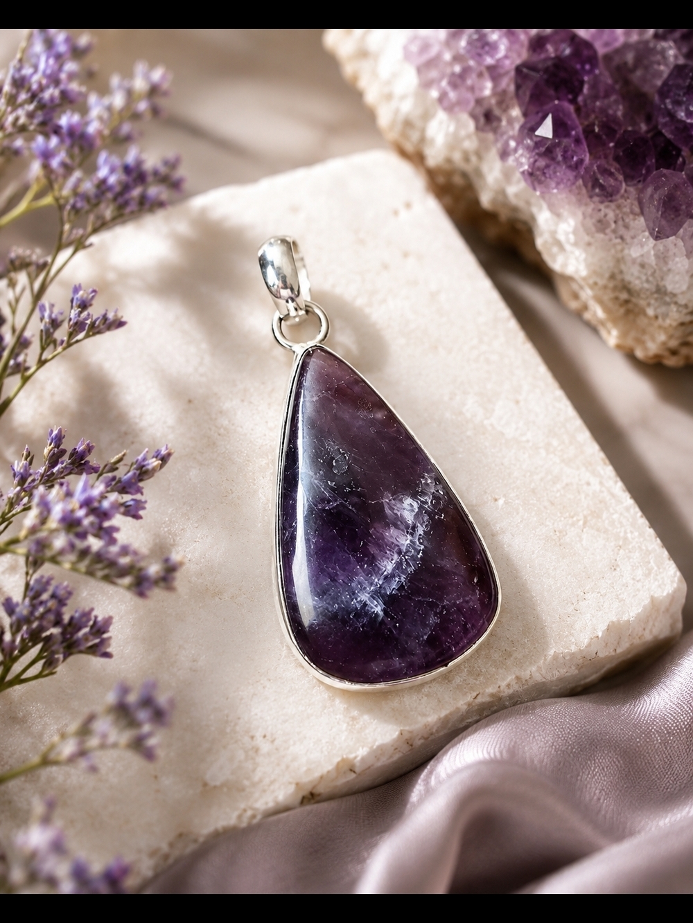 Indigenous Artisan Hand Made Sterling Silver Amethyst Teardrop Pendant - Purple